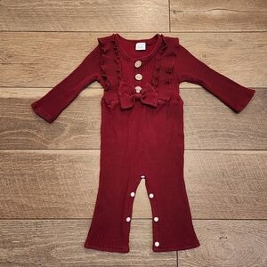 Charming Burgundy Baby Romper with Ruffles and Bow 6-9M